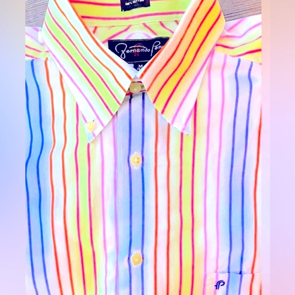 Fernando Pena White With Bright Colors Diagonal Stripes S/S Mens Shirt M - Picture 1 of 5